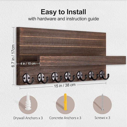 Key Holder Wall Mount, Entryway Key and Mail Holder with 7 Sturdy Hooks for Sunglasses, Dog Leash, Decorative Wall Shelf with Mounting Hardware, 15”W x 6.7”H x 4.2”D (Brown)