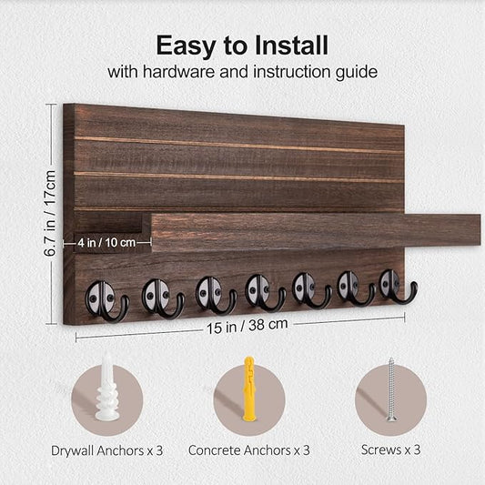 Key Holder Wall Mount, Entryway Key and Mail Holder with 7 Sturdy Hooks for Sunglasses, Dog Leash, Decorative Wall Shelf with Mounting Hardware, 15”W x 6.7”H x 4.2”D (Brown)