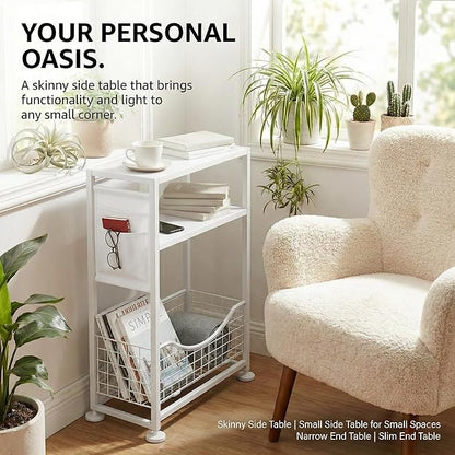 Skinny Side Table with Storage, 3 Tier Slim Side Tables for Small Spaces, Skinny End Table Narrow Bedside Table Narrow Side Table for Living Room, Bedroom