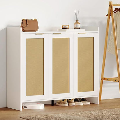 Shoe Cabinet, 41" Tall Rattan Shoe Storage Organizer Cabinet, Adjustable Shelves, 6-Tier Farmhouse Boho Wooden Storage Cabinet for Entryway Hallway Closet Bedroom,White