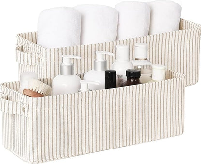 StorageWorks Narrow Storage Bins, Small Basket for Closet and Shelves, Fabric Organizer with Handles, Toilet Paper Storage, Khaki and Beige Stripes, 2-Pack