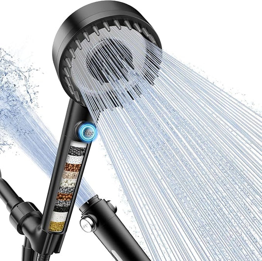 PWERAN Filtered Shower Head with Handheld, High Pressure 4 Spray Mode Showerhead with Filters, Water Softener Beads for Hard Water with ON/OFF Switch for Pets
