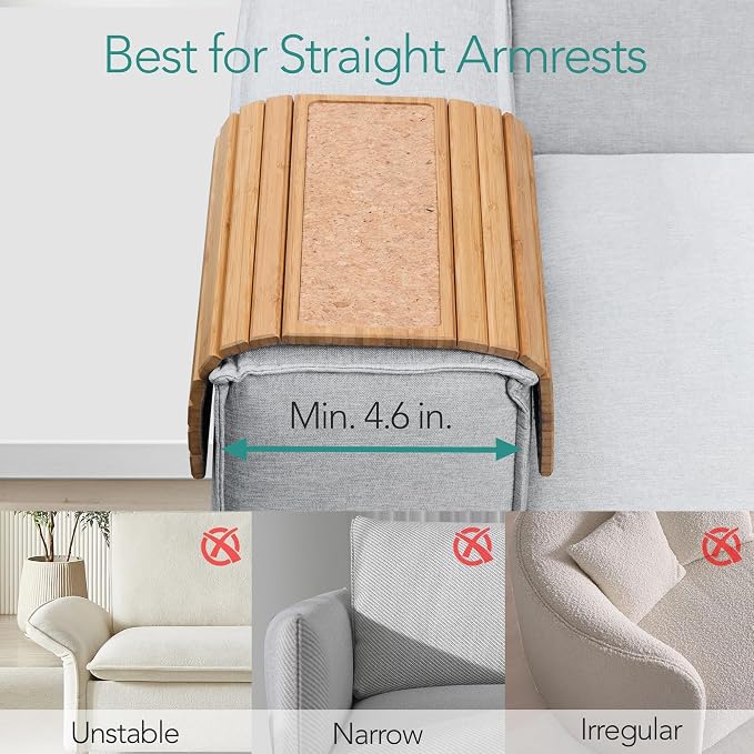 DETOR Sofa Arm Tray with Grained Cork Pad, Natural Bamboo Finish, Enhanced Non-Slip Bottom, Sturdy Bamboo Slats, Fits Armrests 4.6" and Wider