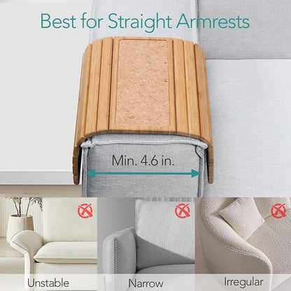 DETOR Sofa Arm Tray with Grained Cork Pad, Natural Bamboo Finish, Enhanced Non-Slip Bottom, Sturdy Bamboo Slats, Fits Armrests 4.6" and Wider