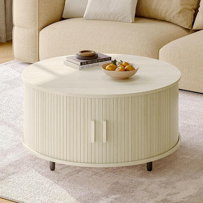 ONBRILL Round Coffee Table with Storage, 31.5" Modern Coffee Table with 360° Curved Sliding Door, Fluted Wood Coffee Table with Adjustable Footpads, Round Center Table for Living Room, Natural White