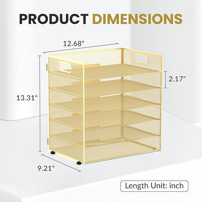 Daltack 6 Tier Paper Organizer for Desk, Paper Letter Tray Organizer for Desks, Mesh Desk File Organizers with Handle for Office, Home, School, Gold