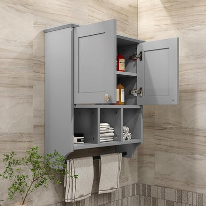 Medicine Cabinets, Bathroom Cabinet Wall Mounted 2-Door with 3 Open Shelves, Over The Toilet Storage Cabinet with Towels Bar for Toilet, Bathroom (Grey)