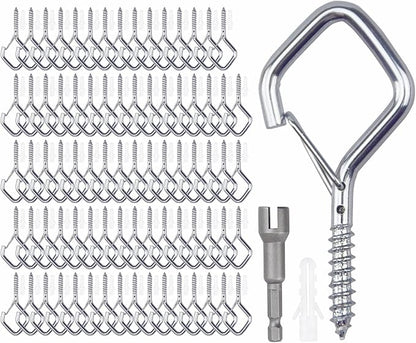 80 Pcs Outdoor Hooks for String Lights,Screw Hooks for Hanging Plants,Ceiling Hooks with Safety Buckle,Square Hanger for Wind Chimes,Bird Feeder,Lanterns,Christmas Decorations Silver