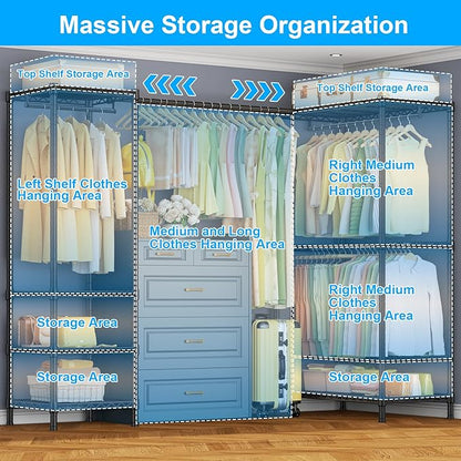 E10L L-Shaped Clothes Rack for Corner（With Expandable Hanger Rod）Heavy Duty Freestanding Clothing Racks for Hanging Clothes，Portable Garment Rack 58-82"W x 30"D x 72"H，Max Load 900LBS，Black