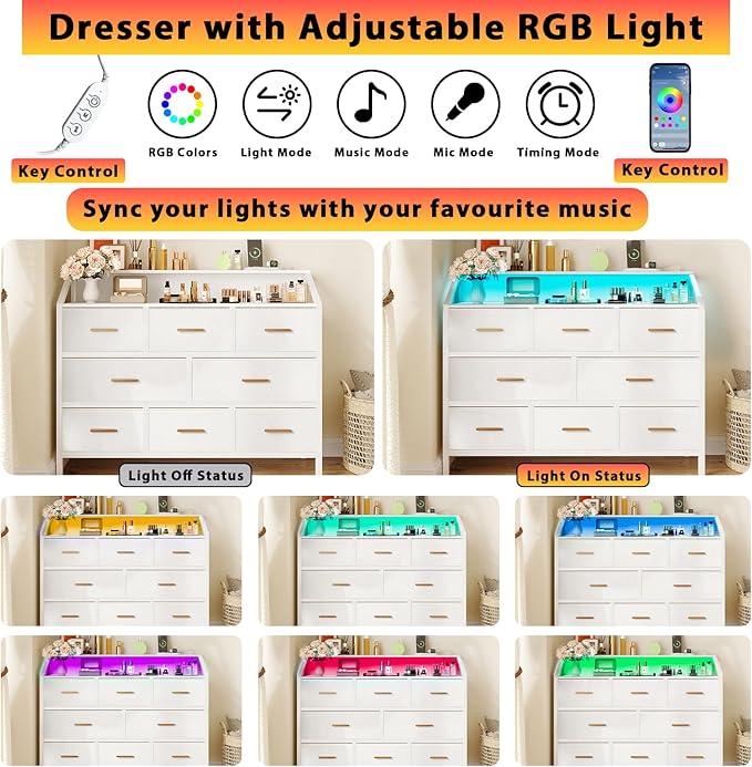 8-Drawer Fabric Dresser with Charging Station and LED Light, Modern Chest of Drawers for Bedroom, 45'' Triple-Wide Storage Cabinet for Closet, Living Room, and Entryway, Metal Handles