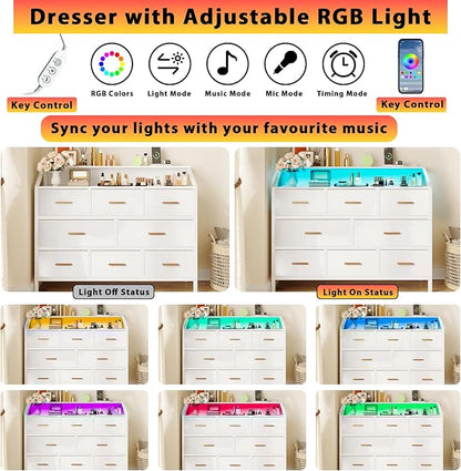 8-Drawer Fabric Dresser with Charging Station and LED Light, Modern Chest of Drawers for Bedroom, 45'' Triple-Wide Storage Cabinet for Closet, Living Room, and Entryway, Metal Handles