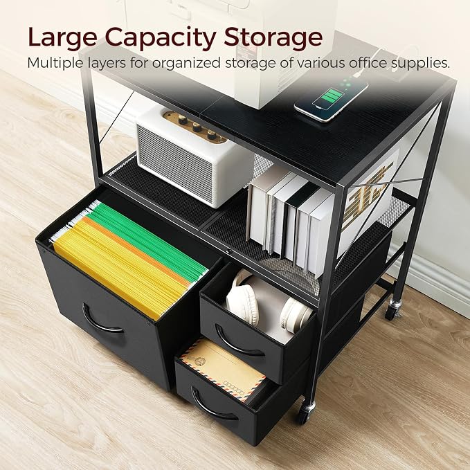 MAHANCRIS File Cabinet with Charging Station, 3 Drawer Lateral Filing Cabinet for Home Office, Mobile Printer Stand with Open Shelf, Fits A4/Letter Size File, Nonwovens Drawer, Black FCHB98E01