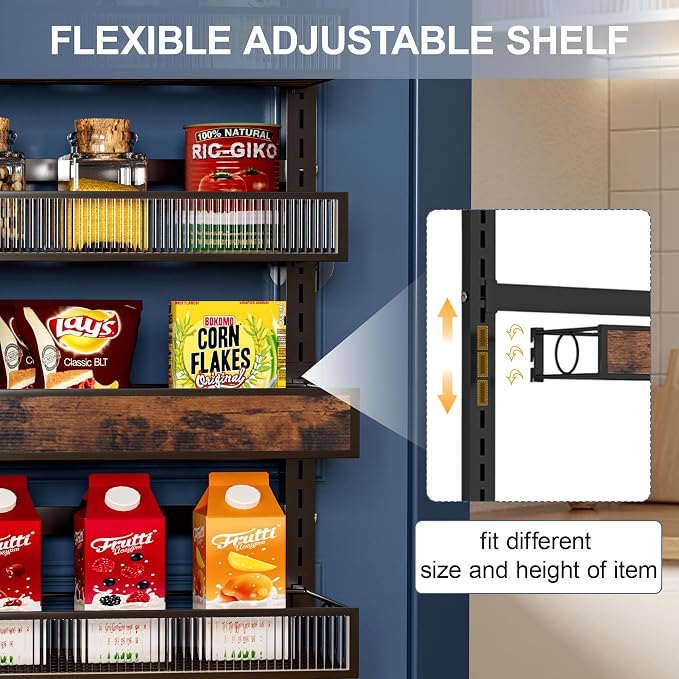 6 Tier Pantry Door Organizer Spice Rack, 2-IN-1 Wall Mount or Hanging Over Door Seasoning Organizer with Adjustable Baskets, Heavy Duty Behind Door Storage Shelves for Pantry, Cabinet and Kitchen