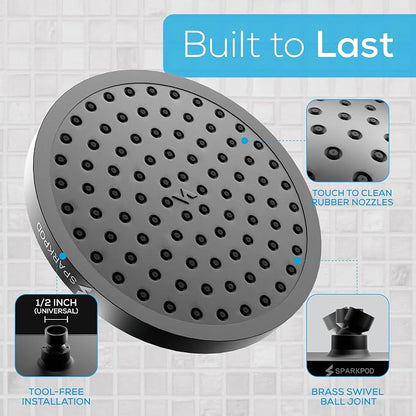 SparkPod Rain Shower Head, 8 Inch Square | High Pressure Shower Heads, 90 Nozzle (Touch-to-Clean), Adjustable Showerhead, No-tool Universal Connection