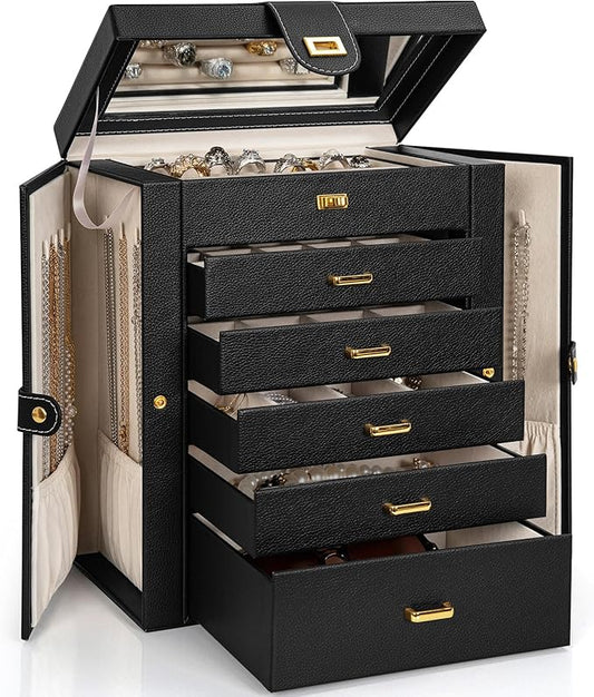 AKOZLIN 6-Tier Jewelry Box Organizer Functional 5 Drawers Leather Jewelry Storage Case for Women Girls Ring Necklace Earring Bracelet Holder Organizer with Mirror Black Regular