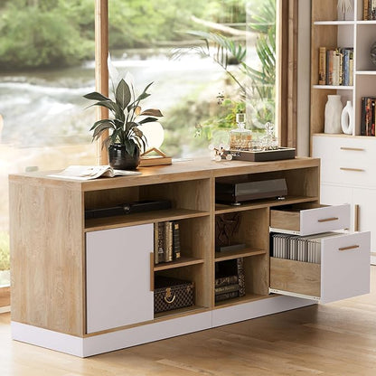 63" Wood Lateral File Cabinet with Lock, Filing Cabinet for Home Office with Adjustable Storage Shelves, Wide Office Credenza, Fits Letter/A4 Size, Light Walnut