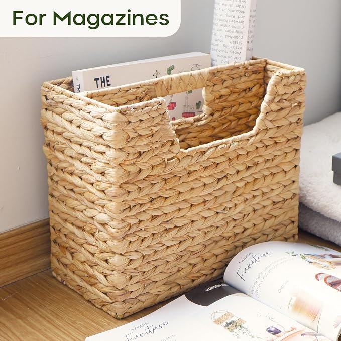 CHI AN HOME Wicker Magazine Basket, Handwoven Water Hyacinth Storage Bin & Organizer for Files, Books, Newspapers, Documents, Decorative Storage Bin with Handle for Office, Living Room, Dorm, Bathroom