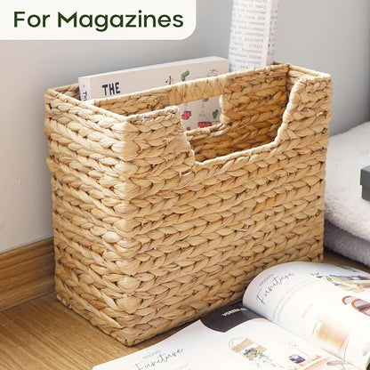 CHI AN HOME Wicker Magazine Basket, Handwoven Water Hyacinth Storage Bin & Organizer for Files, Books, Newspapers, Documents, Decorative Storage Bin with Handle for Office, Living Room, Dorm, Bathroom