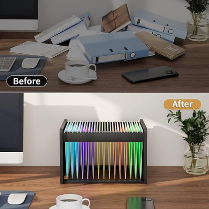 LONTAI Bamboo Hanging File Organizer, Office Desk File Organizer for Letter Size, Wood Hanging File Folders Organizer Record Holder Storage Stand Bookshelf Easy Assembly, Black