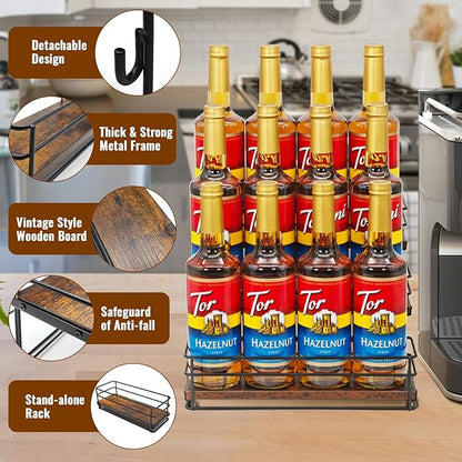 12 Bottle Coffee Syrup Organizer Rack, 3 Tier Coffee Syrup Bottle Stand Holder for Coffee Bar, Installation-free, Liquor Bottle Display Shelf, Coffee Syrup Shelf for Liquor Whiskey Wine Display