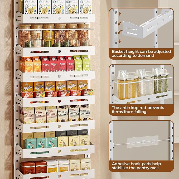8-Tier Pantry Door Organizer, Large 2 IN 1 Wall Mount or Over The Door Pantry Organizer, Pantry Door Spice Rack with Adjustable Baskets, Over Door Organizer for Kitchen,（72.6×17.1×5.1in, White)