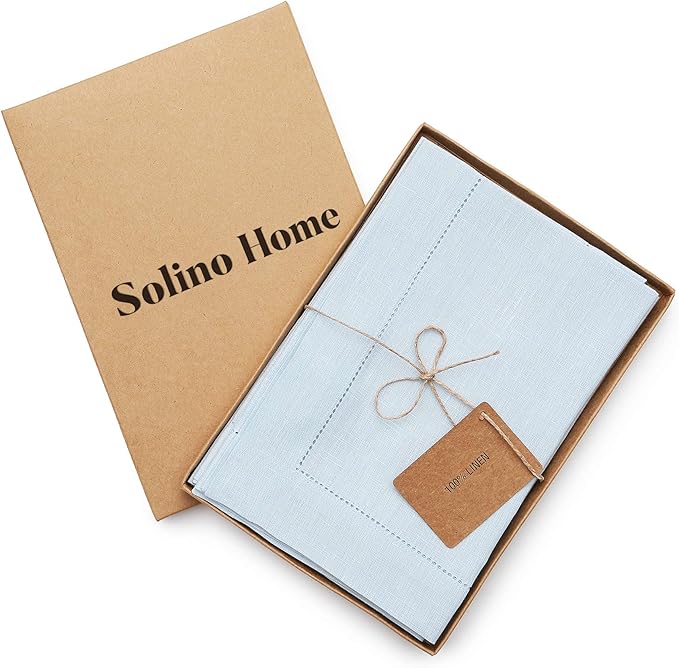 Solino Home Light Blue Linen Napkins Set of 4-100% Pure Linen Hemstitch Dinner Napkins 20 x 20 Inch for Winter, Spring, Easter - Classic Hemstitch