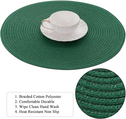 SHACOS Dark Green Round Placemats Set of 6 Cotton Polyester Braided 15 inch Washable Kitchen Dining Table Place Mats Christmas Table Mats for Home Wedding Party Decor