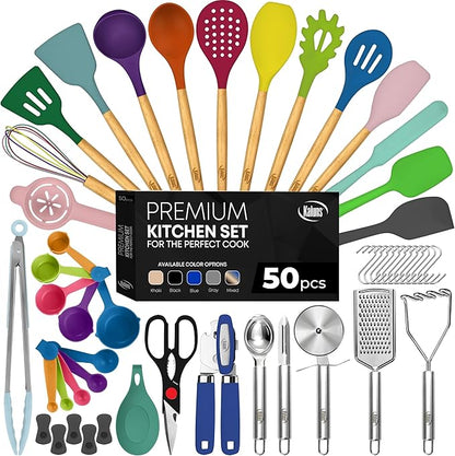 Kaluns 50 PCS Silicone Kitchen Utensils Set Complete Kitchen Set - 800°F Heat Resistant Non-Stick Premium Silicone Cooking Utensils W Wooden Handles - Can Opener, Masher, Turner, Silicone Spatula Set