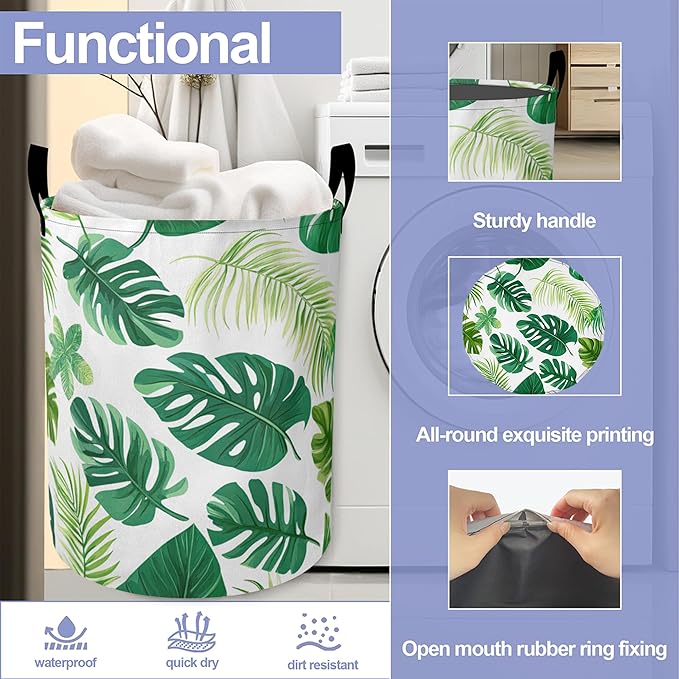 Tropical Palm Leaves Laundry Hamper Large Canvas Fabric Lightweight Storage Basket/Dirty Clothes Collapsible Waterproof for College Dorms, Boys and Girls Bedroom,Bathroom