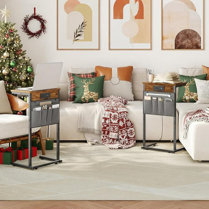 HOOBRO C Shaped End Table with Charging Station, 28" H Couch Side Table Slide Under, Sofa Arm Tray Table with Storage Bag for Living Room, Recliner, Rustic Brown BF70USF01