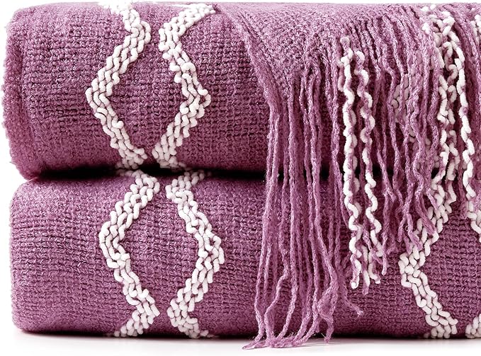 BOURINA Fluffy Chenille Knitted Fringe Throw Blanket Lightweight Soft Cozy for Bed Sofa Chair Throw Blankets Deep Purple 50" x 60"