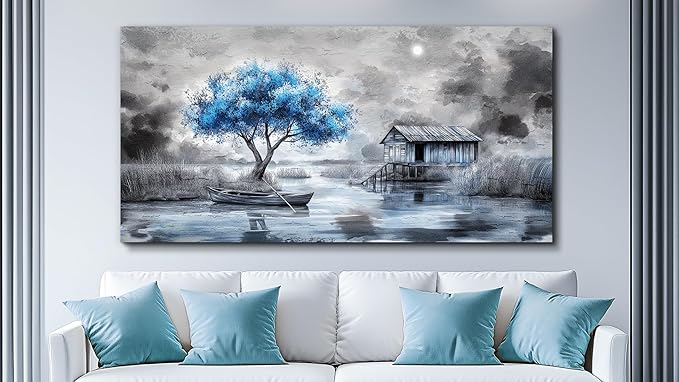QIYILEXWART Canvas Wall Art For Living Room Wall Decor For Bedroom Office Wall Decorations The Blue Tree Painting The Hut Pictures Artwork Room Aesthetic Home Decor Ready To Hang