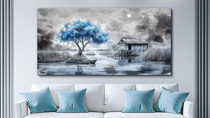 QIYILEXWART Canvas Wall Art For Living Room Wall Decor For Bedroom Office Wall Decorations The Blue Tree Painting The Hut Pictures Artwork Room Aesthetic Home Decor Ready To Hang