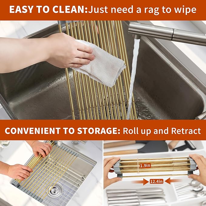Golden Expandable Roll-UP Dish Drying Rack-Extra Large 304 Stainless Steel Dish Drainer Over The Sink for Kitchen Countertop,Extendable for Most Kitchen Sinks (Gold,22.08'x 13.2')