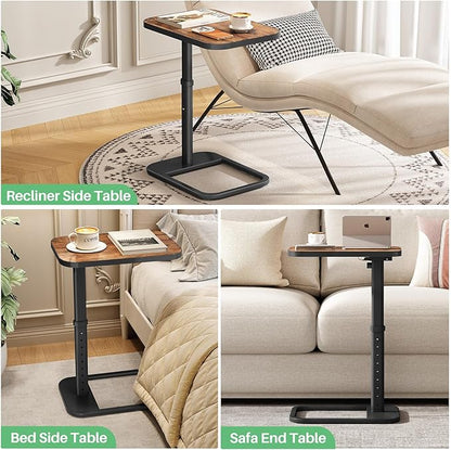 Kitstorack Upgraded TV Tray Table with Panel Lock, 90° Flip-Over Design & Adjustable Height, Sofa Arm Side Table for Eating, Laptop, Couch, Bed, or Small Spaces, Brown