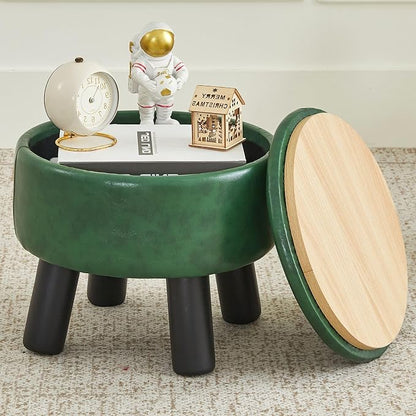 Small Foot Stool Ottoman with Storage, Faux Leather Ottoman Foot Rest for Couch, Round Footstool Ottomans for Living Room (Green)