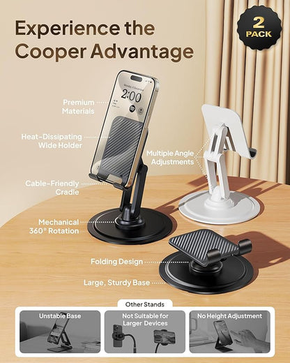 COOPER 360° Stand, [Gift Family Pack], Rotating Cell Phone Stand for Desk, Cell Phone Holder for Desk, iPhone Stand Holder, Sturdy Metal Base, Fits Samsung, Android Smartphones, (Piano Black, 2-Pack)
