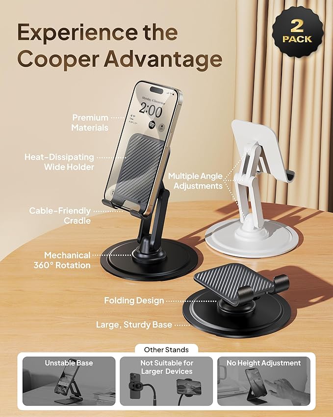 COOPER 360° Stand, [Gift Family Pack], Rotating Cell Phone Stand for Desk, Cell Phone Holder for Desk, iPhone Stand Holder, Sturdy Metal Base, Fits Samsung, Android Smartphones, (Black White, 2-Pack)