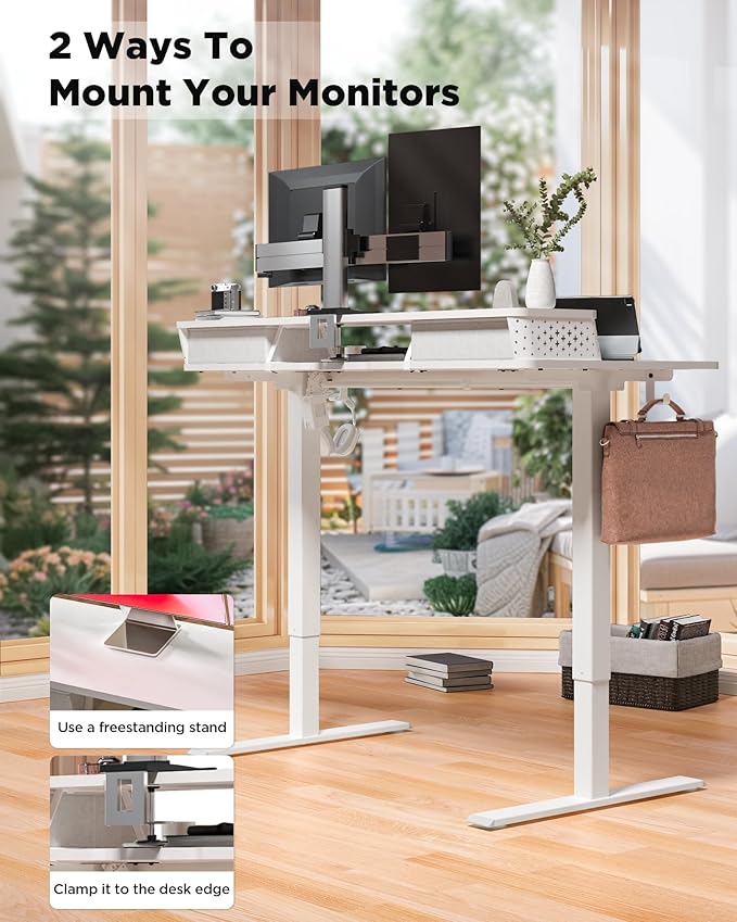 FiCiHi Standing Desk with Drawers, C-Clamp Mount Compatible, 48x24 Inch Electric Adjustable Height Computer Stand Up Desks, Home Office Sit Stand Table with 3 Preset Heights & 2 Hooks, White