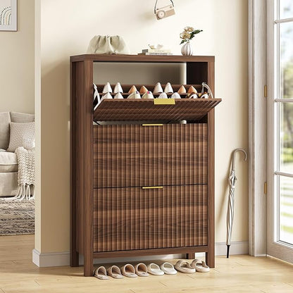 Shoe Cabinet Storage for Entryway, Fluted Shoe Cabinet with 3 Flip Drawers, Hidden Shoe Rack Tall Freestanding Shoe Organizer with Legs for Hallway, Walnut
