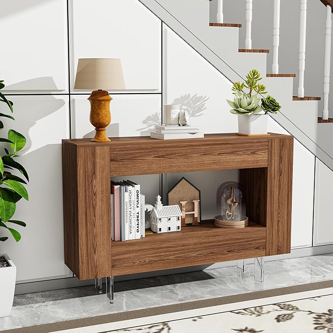 47" Narrow Console Table with Hidden Side Storage Cabinets, Adjustable Shelves, Farmhouse Entryway Sofa Table for Behind The Couch, Living Room, Hallway, Walnut