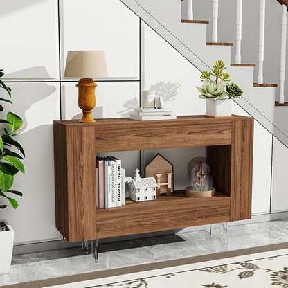 47" Narrow Console Table with Hidden Side Storage Cabinets, Adjustable Shelves, Farmhouse Entryway Sofa Table for Behind The Couch, Living Room, Hallway, Walnut