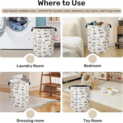 Cartoon Construction Vehicle Foldable Canvas Laundry Basket with Handles - Toy Organizer, Heavy Duty for Home，Bedroom, Dorm, Bathroom