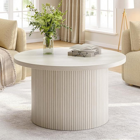 ONBRILL 31.5" Round Coffee Table, Tambour Design Coffee Tables for Living Room, Mid Century Modern Wood Coffee Table, Drum Accent Small Center Table, Natural White