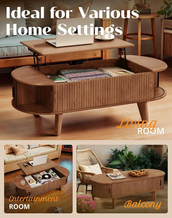 Oval Lift Top Coffee Table with Storage, 47.2" Mid Century Modern Living Room Center Table with 180° Sliding Tambour Door, Wood Fluted Coffee Table for Home Office, Walnut