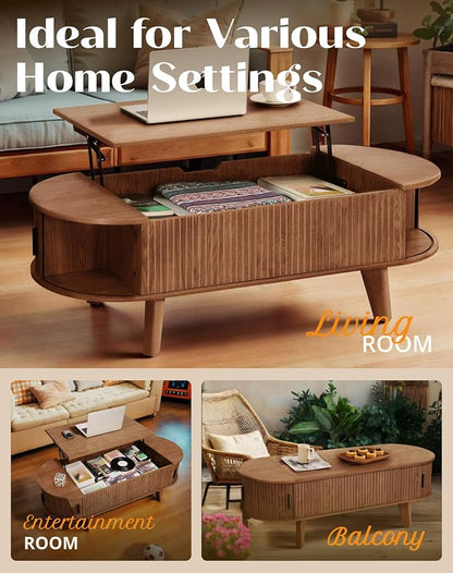 Oval Lift Top Coffee Table with Storage, 47.2" Mid Century Modern Living Room Center Table with 180° Sliding Tambour Door, Wood Fluted Coffee Table for Home Office, Walnut