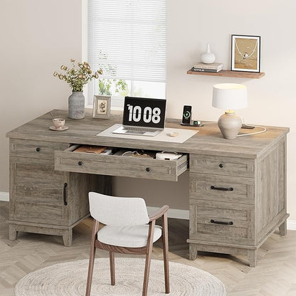 60" Traditional Home Office Desk with Power Outlets, Wooden Executive Desk with File Cabinet and Drawers, Farmhouse Wood Work Desk for Work, Study, Writing, Gray