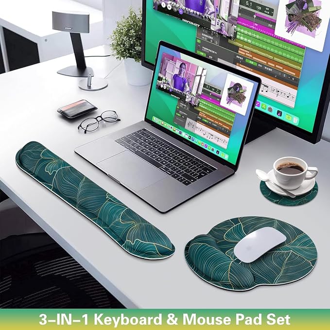 Mouse Pad with Wrist Rest Set, 3-in-1 Wrist Support Mousepad Set, Gaming Mat Pad with Anti-Skid Base,Ergonomic Mouse Pad Green,Memory Foam Gel Wrist Rest for Computer Keyboard