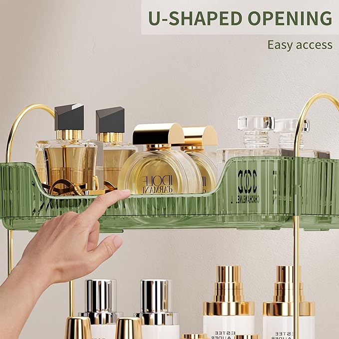 Akinbas 2 Tier Bathroom Organizer Countertop Makeup Perfume Tray Skincare Organizer for Bathroom Dresser Vanity (Green)