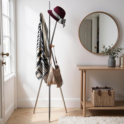 Coat Stand 70", Stainless Steel and Beech Wood, Freestanding Entryway Hall Tree for Hanging Hats/Bags/Purse/Jackets/Accessories, Modern Minimalist Design